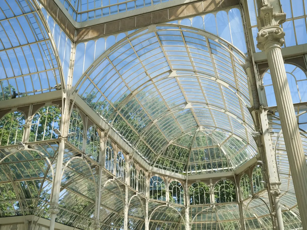 Looking up at the glazed roof structure of a conservatory