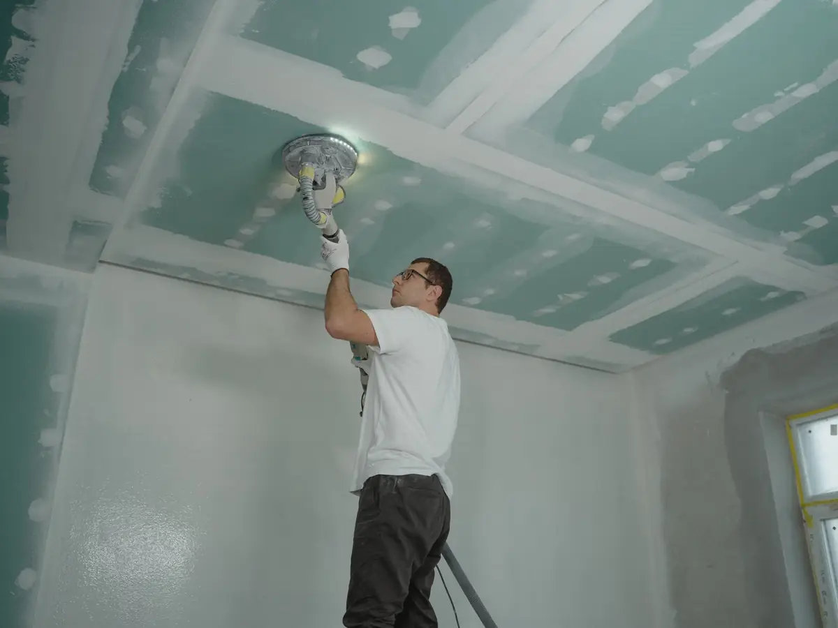 Plasterer finishing a ceiling from a step