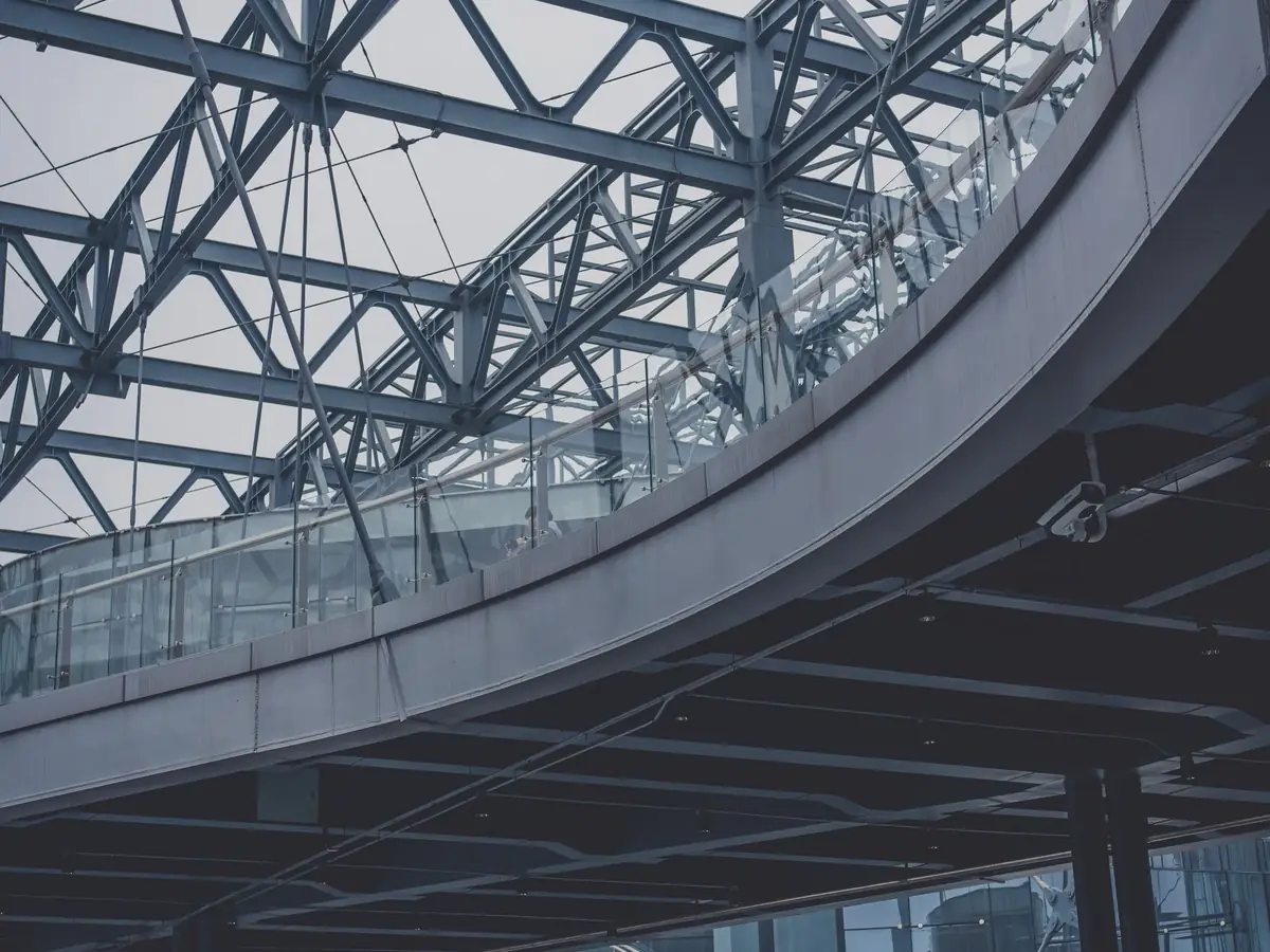 Steel-framed interior with glazing and exposed structure