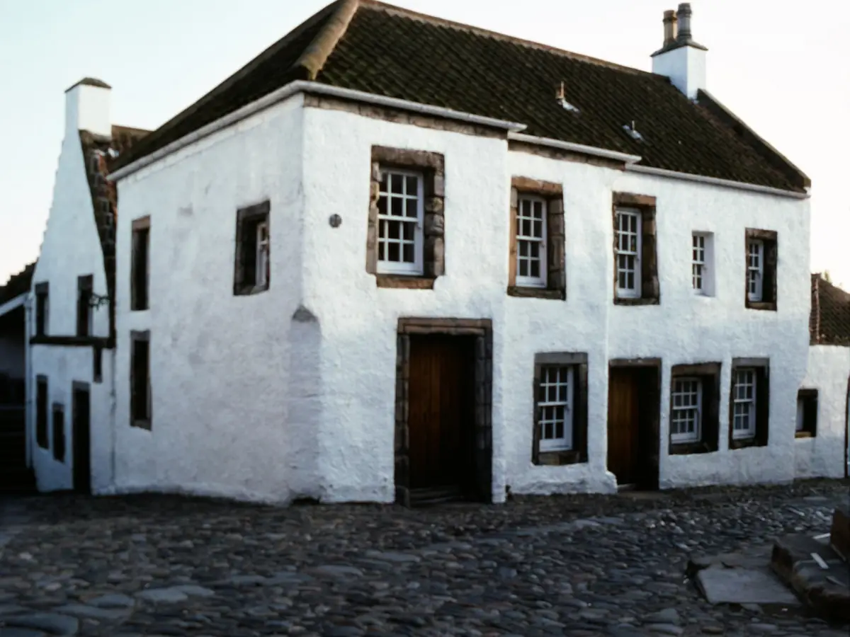 Two white rendered houses on a cobbled village street