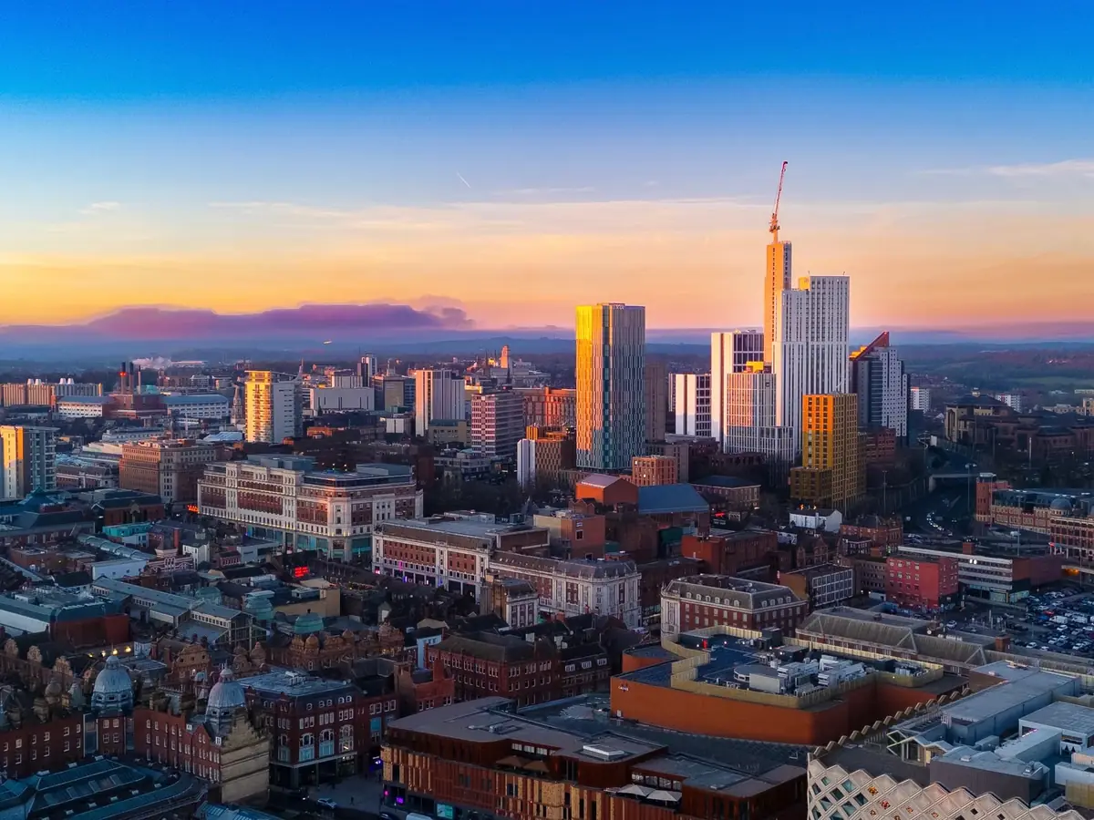 Leeds skyline with office towers at sunset